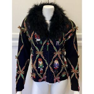 VTG Berek Sz S Embellished Nutcracker Sweater w/ Detachable Caribou Collar EUC